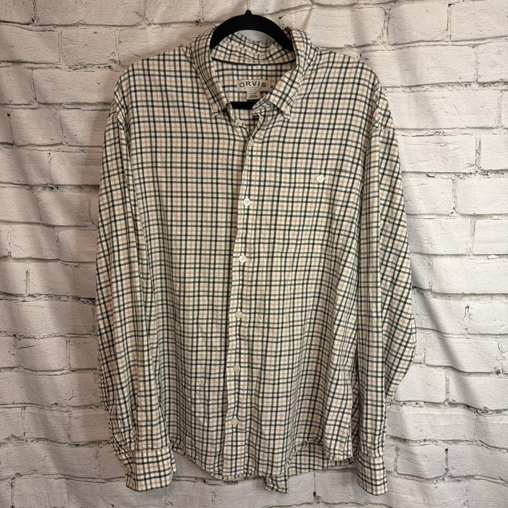 Orvis Dress Shirt Mens Size XL Beige Plaid Business Formal City
